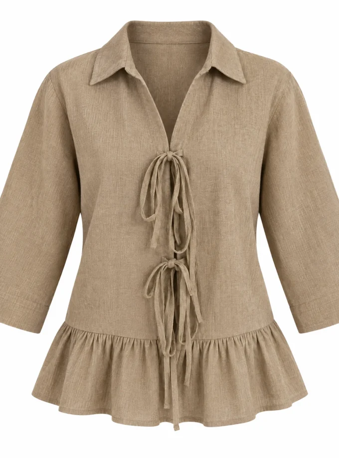 Valeria brown h-loom tie up top with a gathered hem shown alone on an invisible mannequin