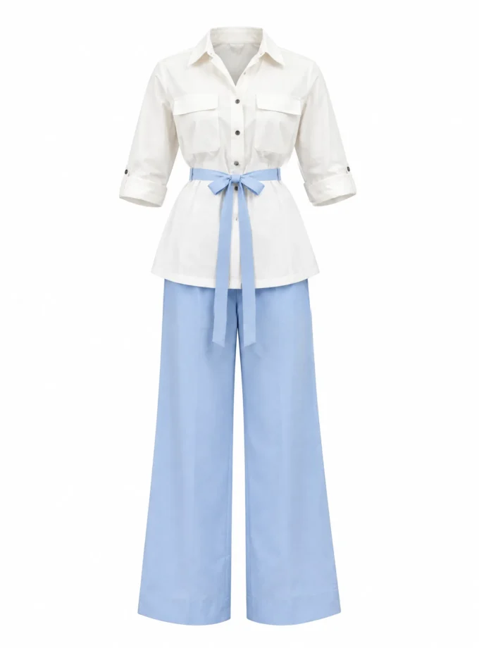 Valentina white cotton low collar shirt with blue belt and the powder blue cotton straight pants shown together on an invisible mannequin