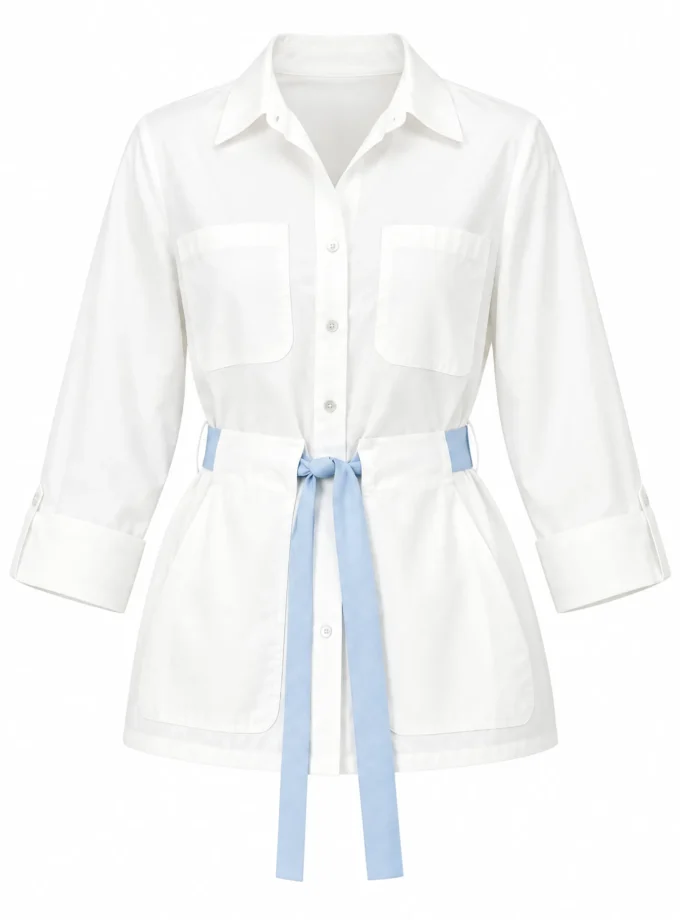 Valentina white cotton low collar shirt with blue belt shown alone on an invisible mannequin