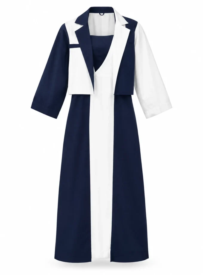 Vanya navy and white cotton division sleeveless dress with the matching division jacket crop, shown together on an invisible mannequin