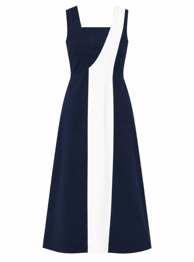 Vanya navy and white cotton division sleeveless dress shown alone on an invisible mannequin