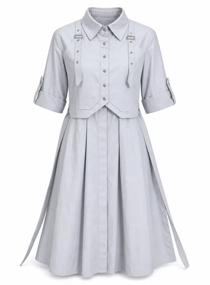 Vellum light grey cotton maxi length dress with an attached waistcoat shown alone on an invisible mannequin