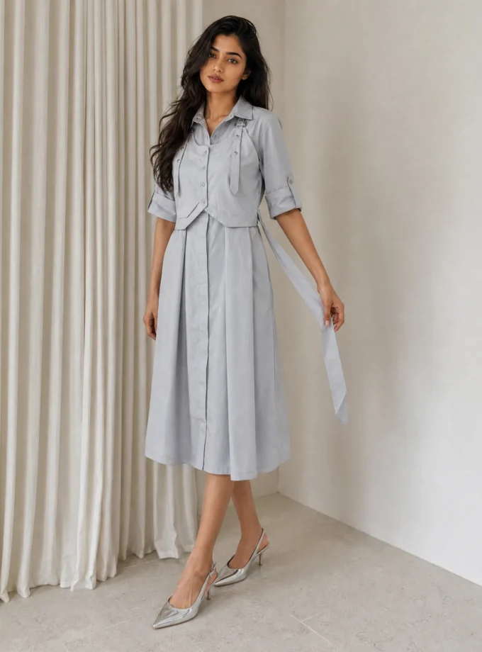 Vellum — model wearing the light grey cotton maxi length dress with an attached waistcoat