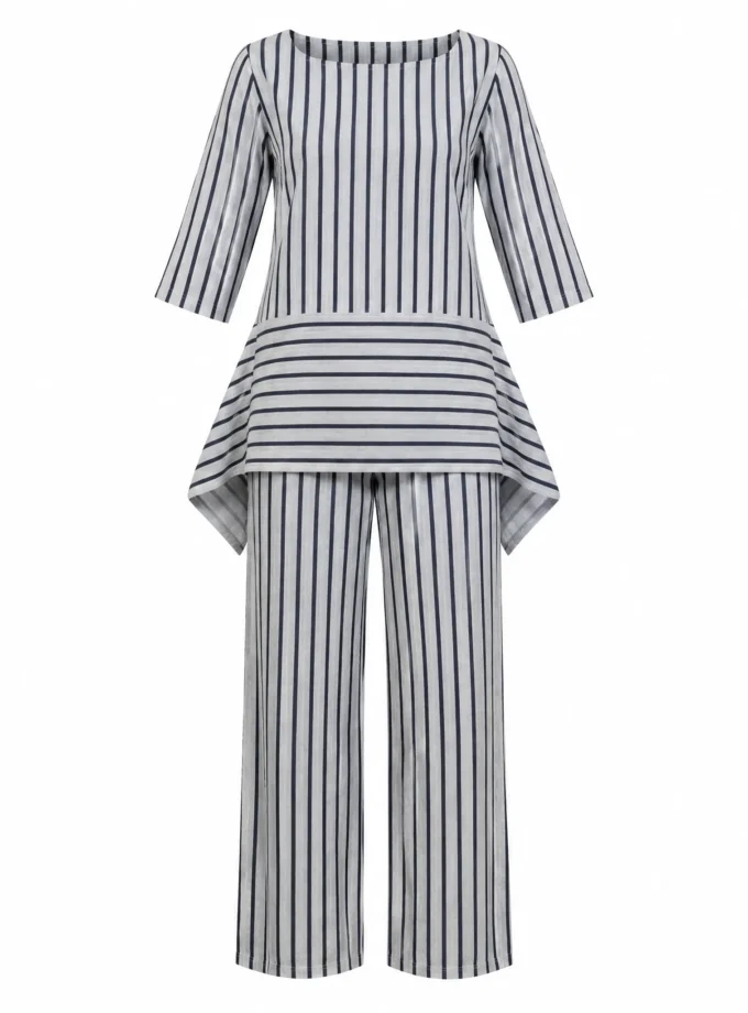 Vera blue and grey stripe kaftan top and stripe straight fit pants shown together on an invisible mannequin