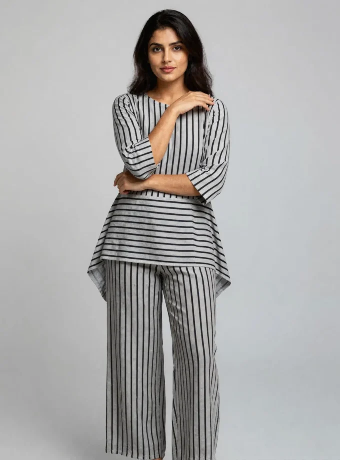 Vera — model wearing the blue and grey stripe kaftan top with open side edges and matching stripe straight fit pants