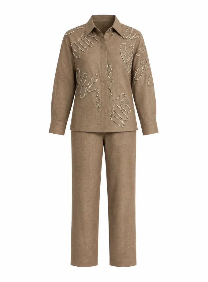 Violetta brown h-loom string applique shirt and brown h-loom straight fit pant shown together on an invisible mannequin