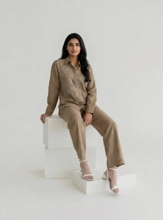 Violetta — model wearing the brown h-loom string applique shirt with the brown h-loom straight fit pant
