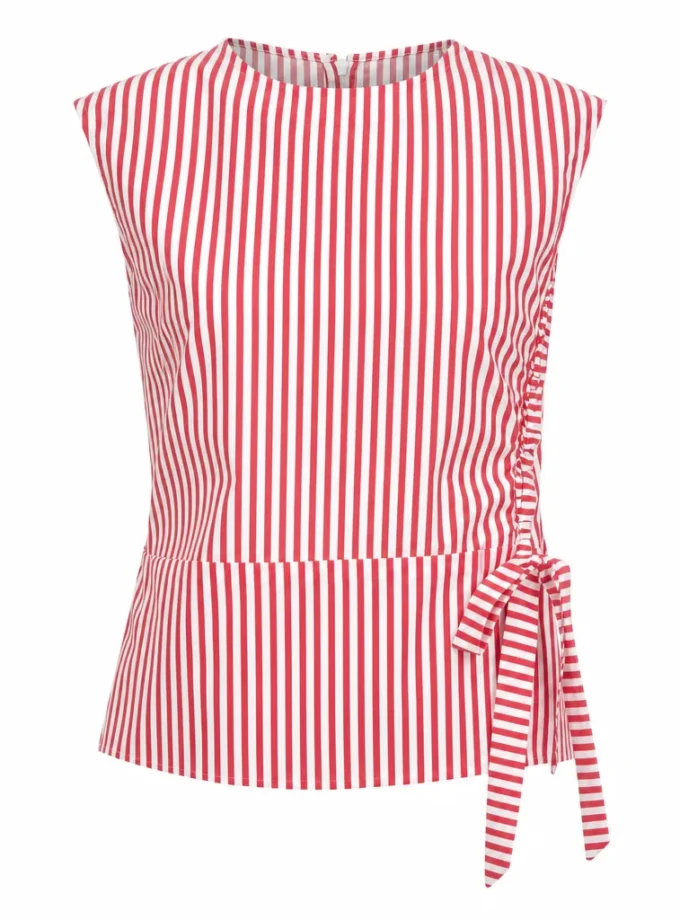 Vista red stripe ruched sleeveless round neck top shown alone on an invisible mannequin