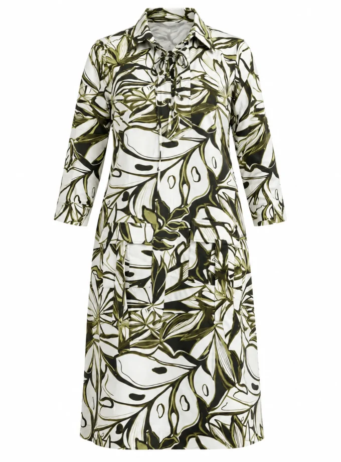 Whisper abstract leaf print glaze cotton drawstring dress with square pocket detailing shown alone on an invisible mannequin