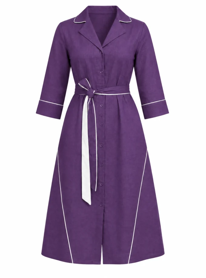 Willow purple and white h-loom detailing A line dress with a fabric tie up shown alone on an invisible mannequin