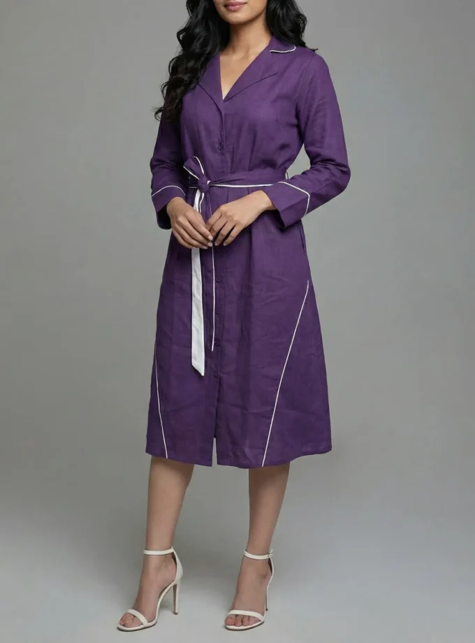 Willow — model wearing the purple and white h-loom detailing A line dress with a fabric tie up