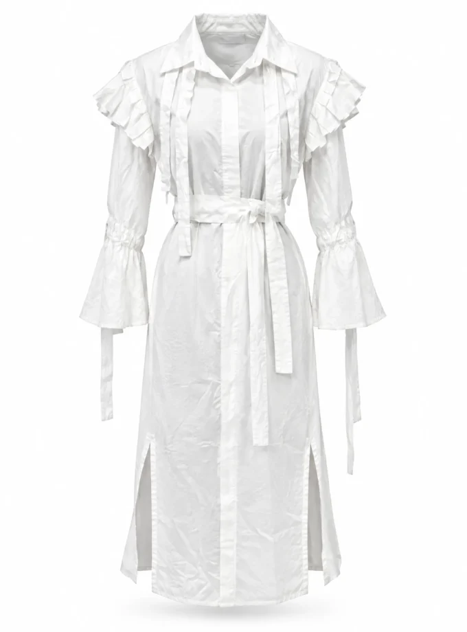Winter white cotton poplin ruffle sleeve shirt dress with belt shown alone on an invisible mannequin