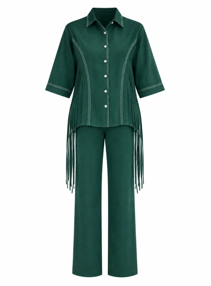 Xenia green denim tassel drop shirt and green denim straight fit pant shown together on an invisible mannequin