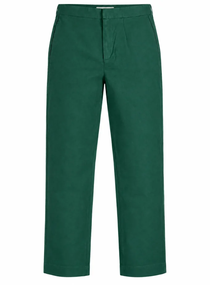 Xenia green denim straight fit pant shown alone on an invisible mannequin