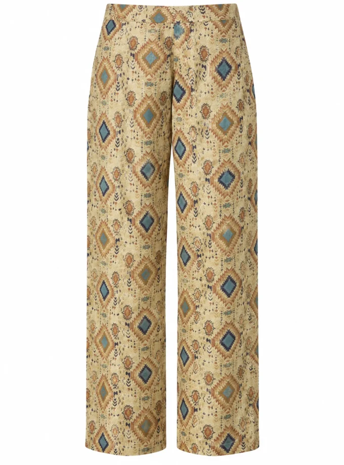 Yara beige printed straight fit pants shown alone on an invisible mannequin