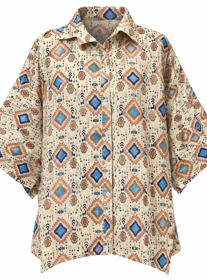 Yara beige printed kaftan shirt shown alone on an invisible mannequin
