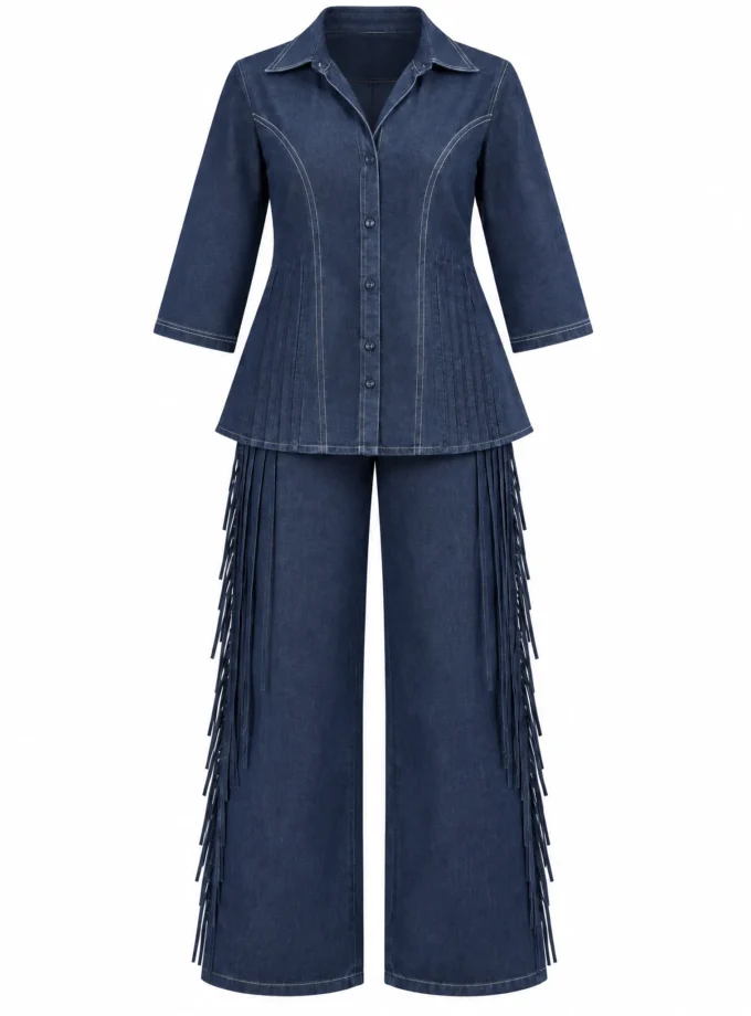 Yvette dark denim tassel drop shirt and dark denim straight fit pant shown together on an invisible mannequin