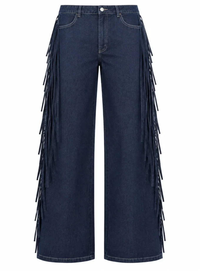 Yvette dark denim straight fit pant with the tassel fringe shown alone on an invisible mannequin