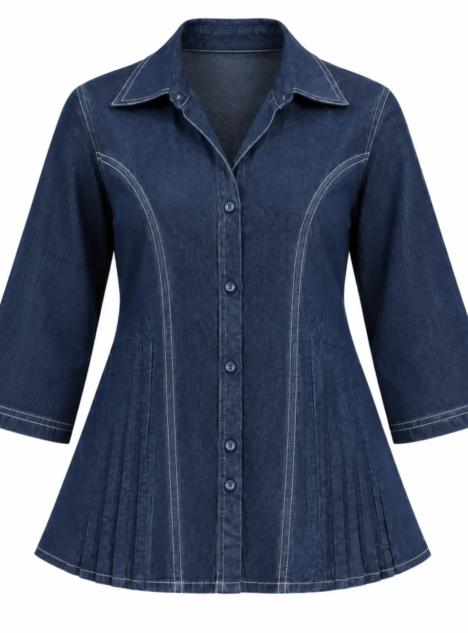 Yvette dark denim tassel drop shirt with upturn sleeves shown alone on an invisible mannequin