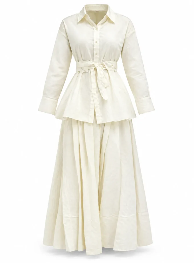Zeal ivory cotton shirt with pull up belt and ivory gathered maxi skirt shown together on an invisible mannequin