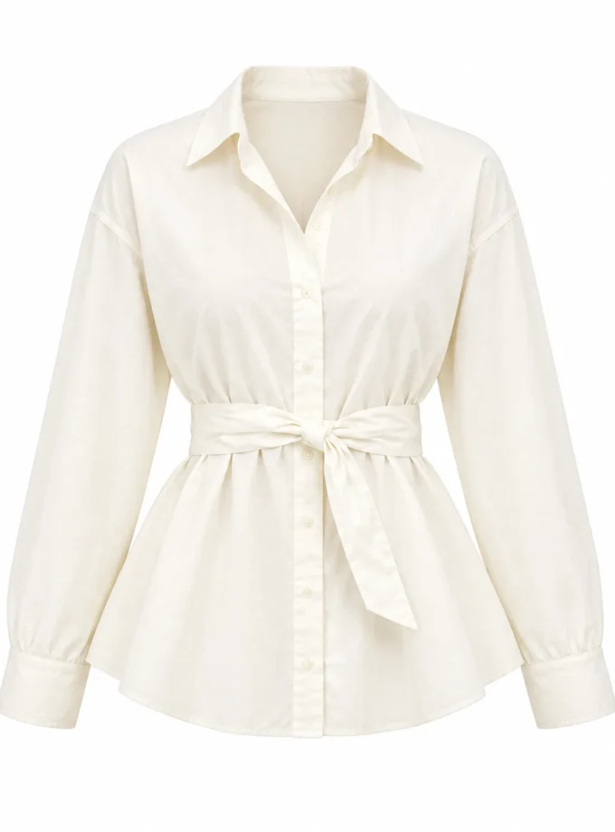Zeal ivory cotton shirt with pull up belt shown alone on an invisible mannequin