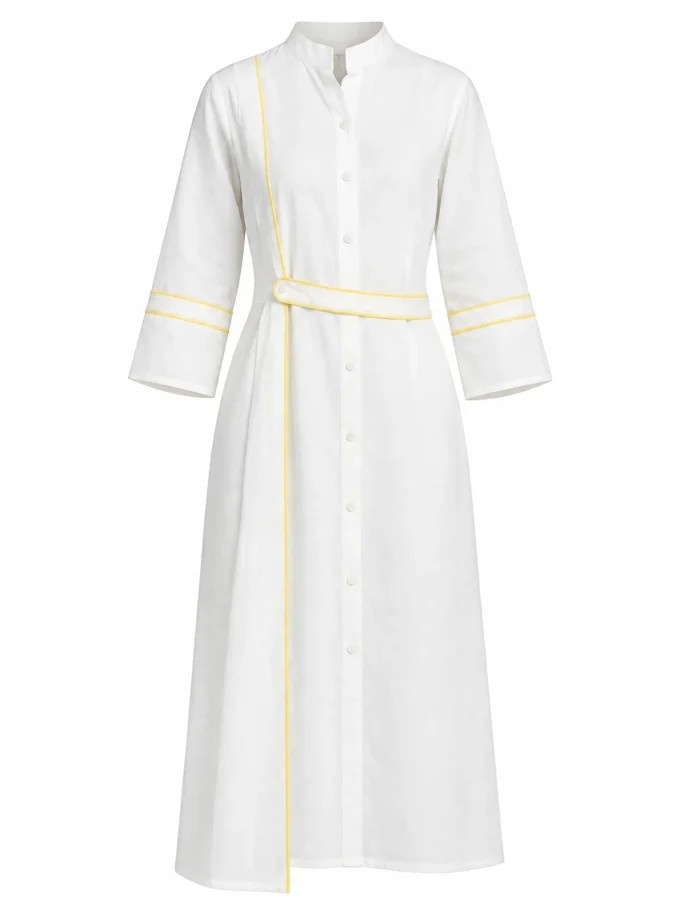 Zephyr white h-loom cotton dress with a double flap side and yellow edging shown alone on an invisible mannequin