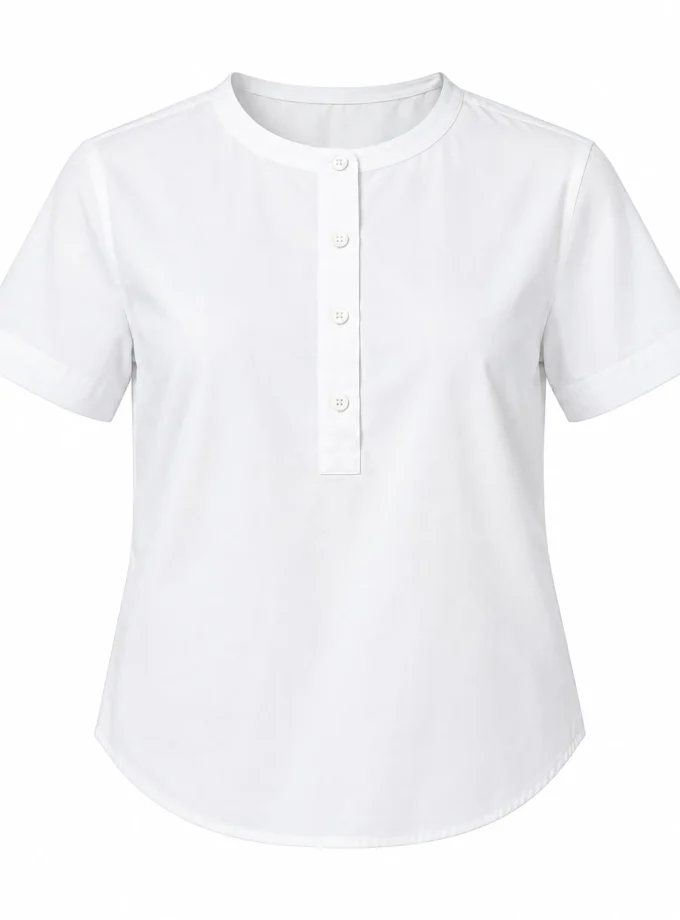 Zinnia white round neck button down shirt with shirt sleeves shown alone on an invisible mannequin