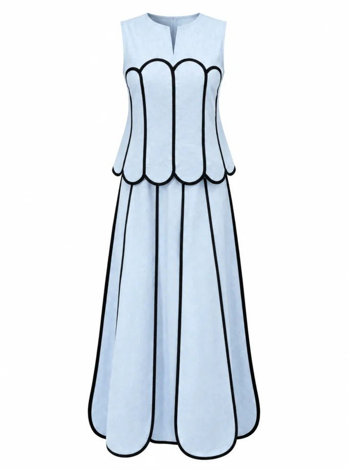 POWDER BLUE LINEN BLEND SCALLOP PANEL SKIRT, shown alone on an invisible mannequin