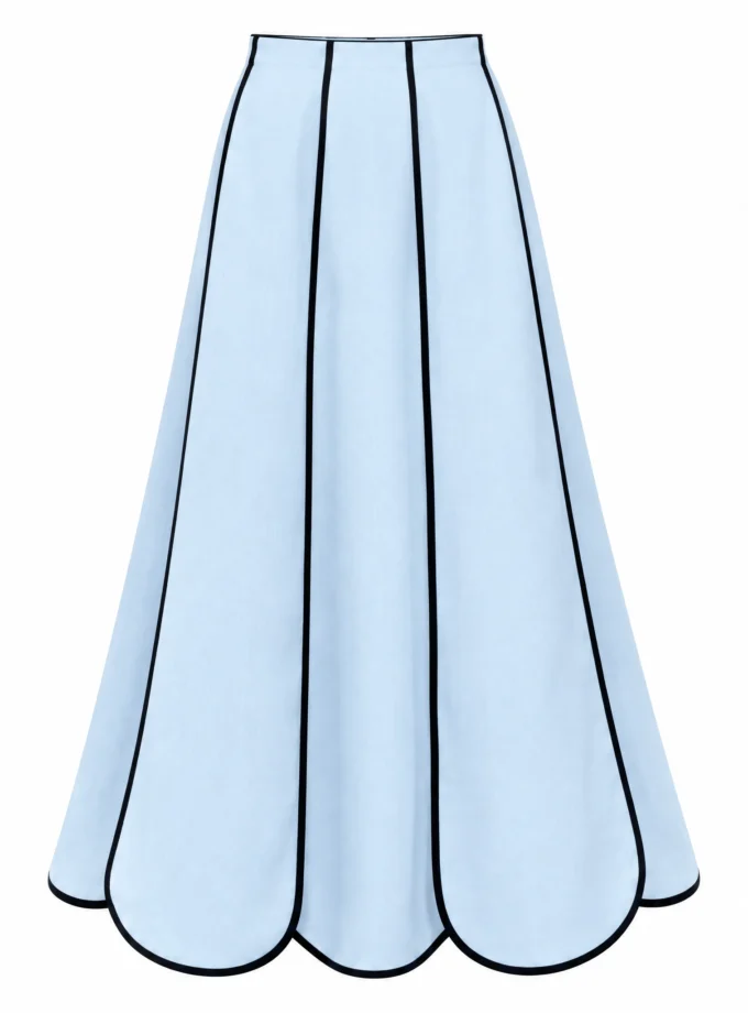 POWDER BLUE LINEN BLEND SCALLOP PANEL SKIRT, shown alone on an invisible mannequin