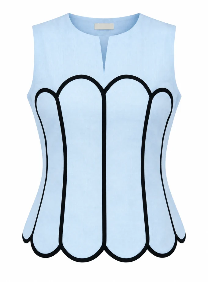 POWDER BLUE LINEN BLEND SCALLOP COLLAR NECK SHIRT TOP SLEEVELESS, shown alone on an invisible mannequin
