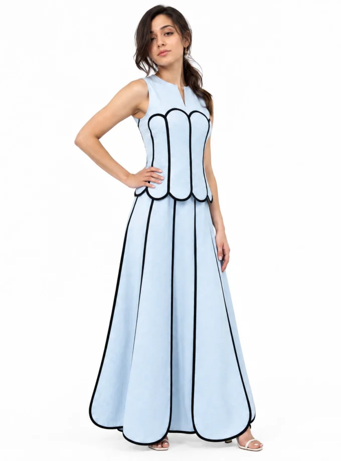 POWDER BLUE LINEN BLEND SCALLOP PANEL SKIRT, worn by a model