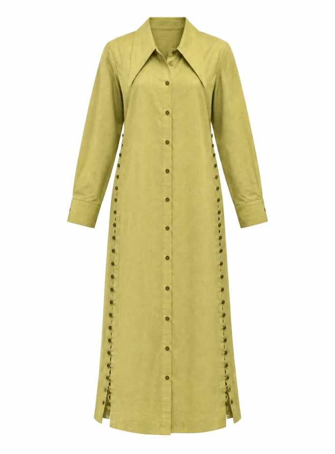 SAGE GREEN LINEN BLEND STRAIGHT FIT DRESS WITH LOOP DETAILING ON BOTH SIDES, shown alone on an invisible mannequin