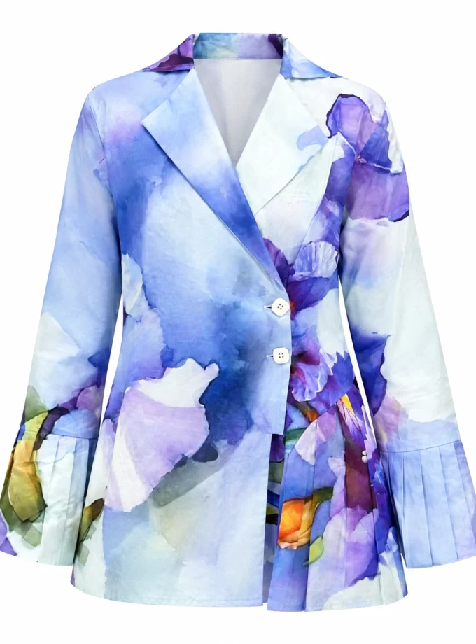 Amoura lavender print glaze cotton pleat blazer shirt with pleated sleeve hem, shown alone on an invisible mannequin