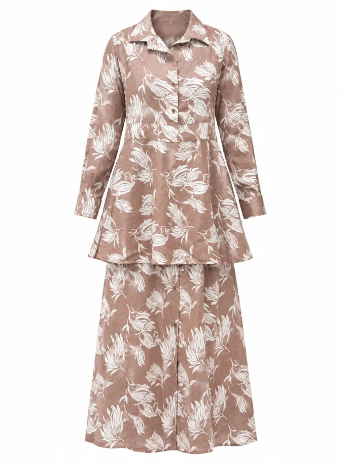 PINK FLORAL PRINT COTTON BLEND PEPLUM DRESS WITH SHIRT SLEEVES, shown alone on an invisible mannequin