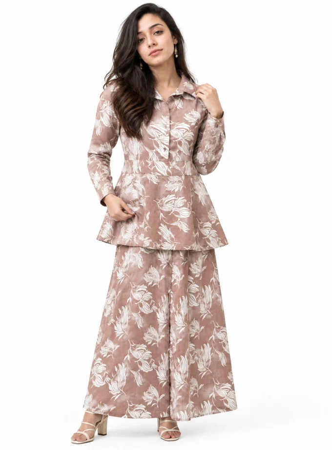 PINK FLORAL PRINT COTTON BLEND PEPLUM DRESS WITH SHIRT SLEEVES, worn by a model