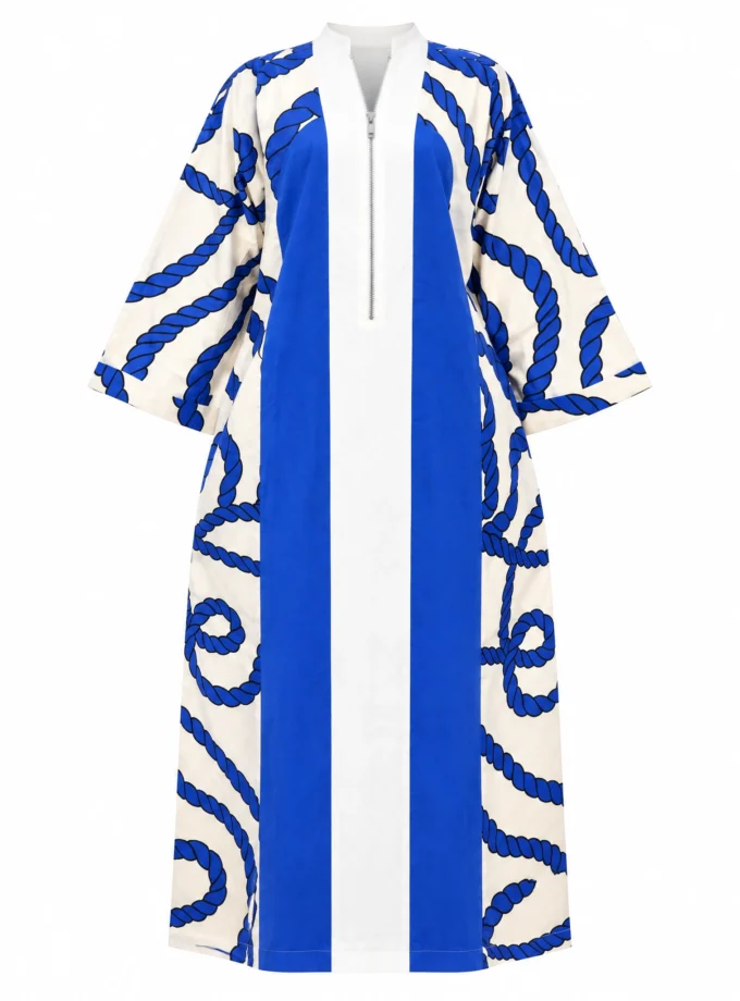 RO PRINT AND ELECTRIC BLUE GLAZE COTTON PANNEL DRESS WITH METAL ZIP NECK, shown alone on an invisible mannequin