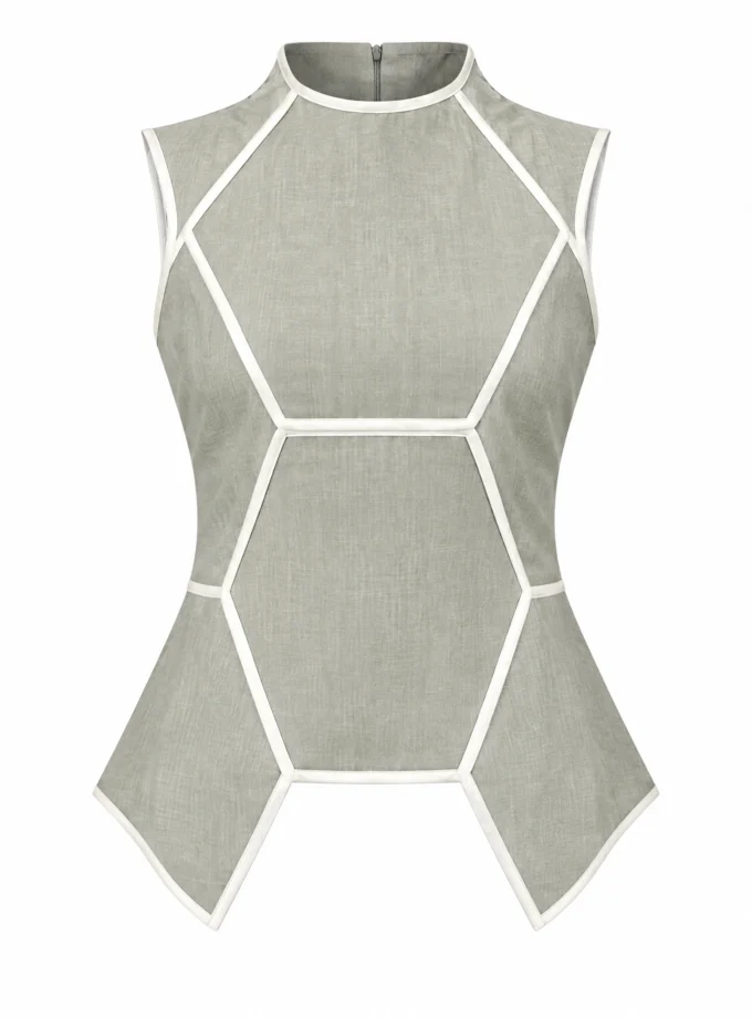 SAGE GREEN LINEN BLEND HEXAGON PANEL HIGH NECK TOP, shown alone on an invisible mannequin