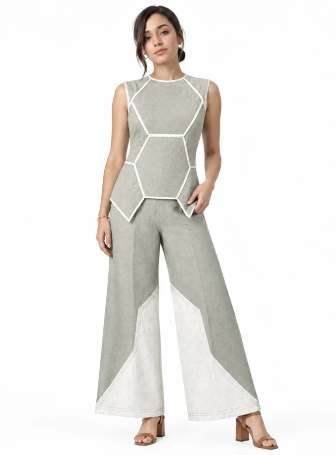 SAGE GREEN AND BEIGE LINEN BLEND PATCH STRAIGHT CUT PANT, worn by a model