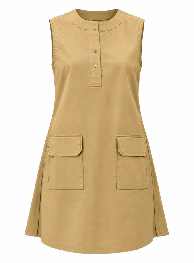 BEIGE COTTON MANDARIN NECK DRESS WITH BLACK THREAD DETAILING AND BACK PLEATED, shown alone on an invisible mannequin