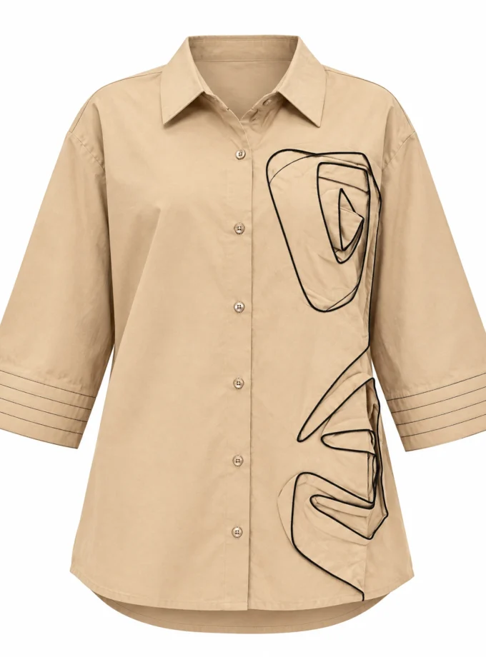 BEIGE COTTON ROSE SHIRT WITH ROSE APPLIQUÉ AND SLEEVE DETAILING, shown alone on an invisible mannequin