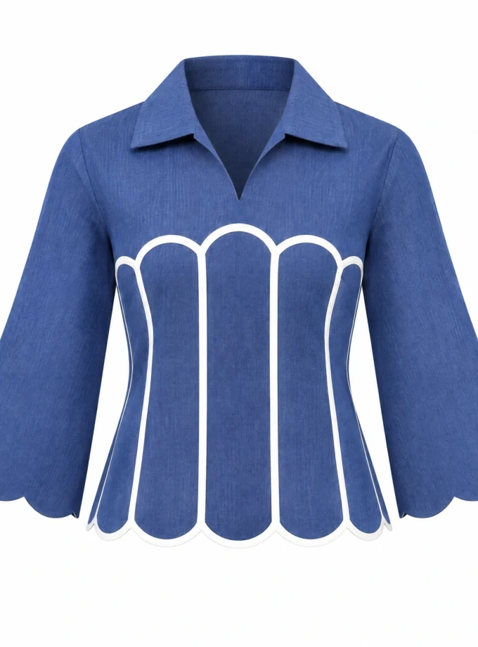BLUE H-LOOM SCALLOP COLLAR NECK SHIRT TOP, shown alone on an invisible mannequin
