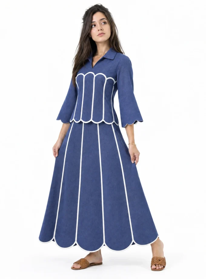 BLUE H-LOOM SCALLOP PANEL SKIRT, worn by a model