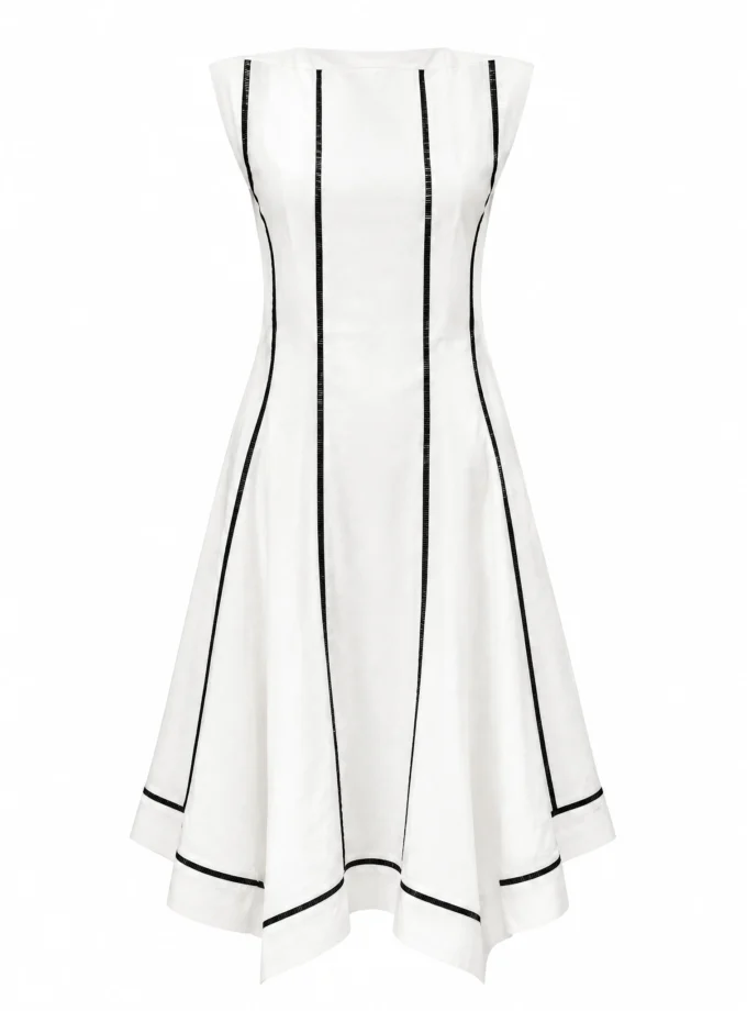 WHITE COTTON BLEND ASYMENTRIC DRESS WITH BLACK LACE PANNELS, shown alone on an invisible mannequin
