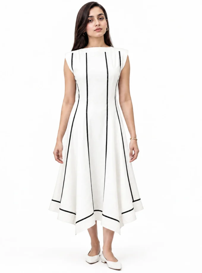 WHITE COTTON BLEND ASYMENTRIC DRESS WITH BLACK LACE PANNELS, worn by a model