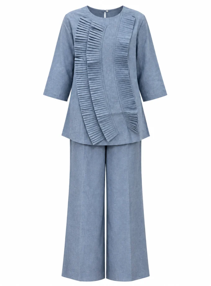 Cyrene lavender blue h-loom flat pleated centre front yoke top with round neck and sleeves paired with lavender blue h-loom staight pants, shown together on an invisible mannequin
