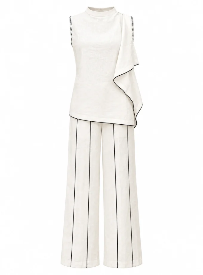 WHITE LINEN BLEND STRAIGHT FIT PANTS WITH BLACK LINE DETAIL, shown alone on an invisible mannequin