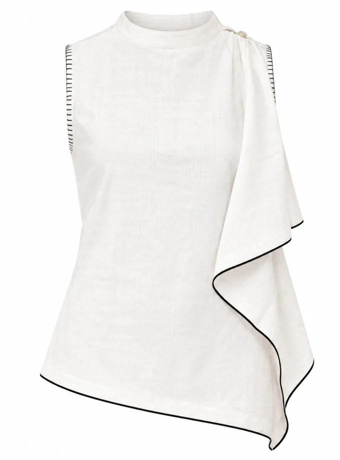 WHITE LINEN BLEND ONE BUTTON SHOULDER TOP, shown alone on an invisible mannequin