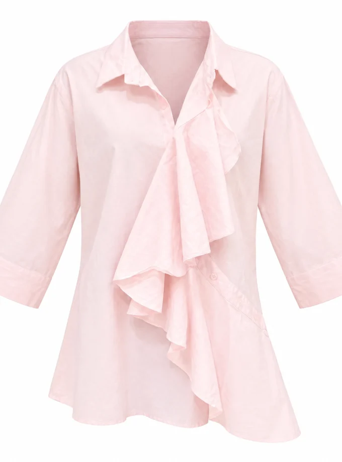 POWDER PINK COTTON BLEND RUFFLE FRONT SHIRT, shown alone on an invisible mannequin