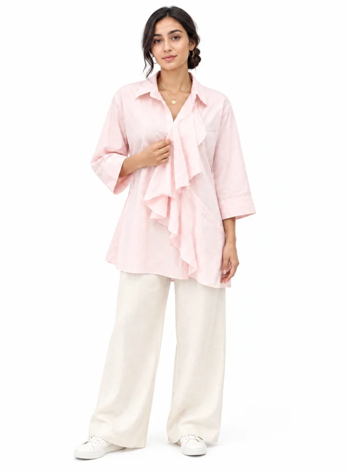 POWDER PINK COTTON BLEND RUFFLE FRONT SHIRT, worn by a model