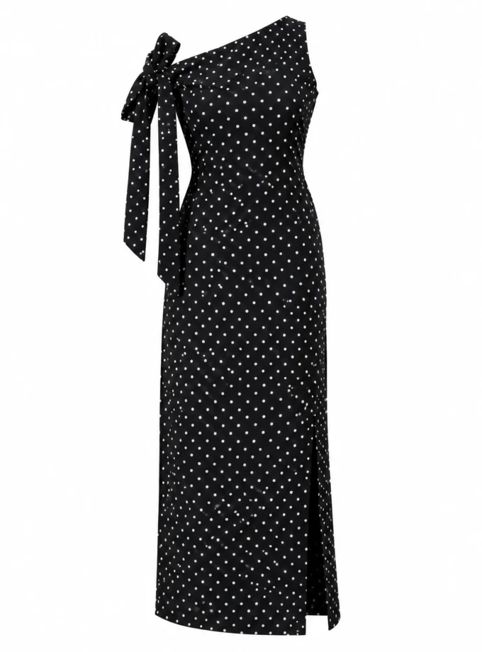BLACK POLKA DOT STRAIGHT SLEEK DRESS WITH DROP SHOULDER TIE UP AND KNEE HIGH SLIT, shown alone on an invisible mannequin
